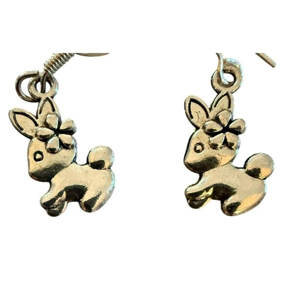 Silver Bunny Dangle Earrings With Flower Accent Easter Bunny - Picture 2 of 2